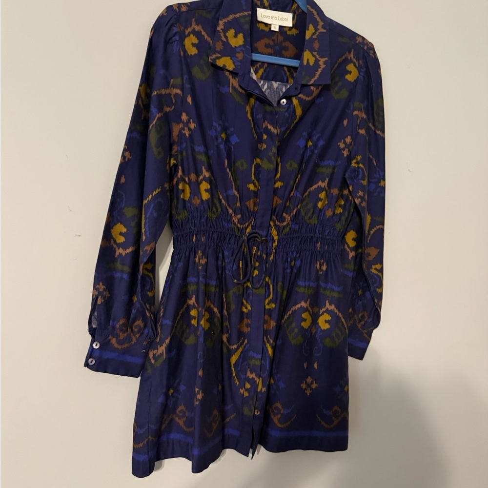 Love the Label Navy Shirt Dress with Mustard & Olive Print